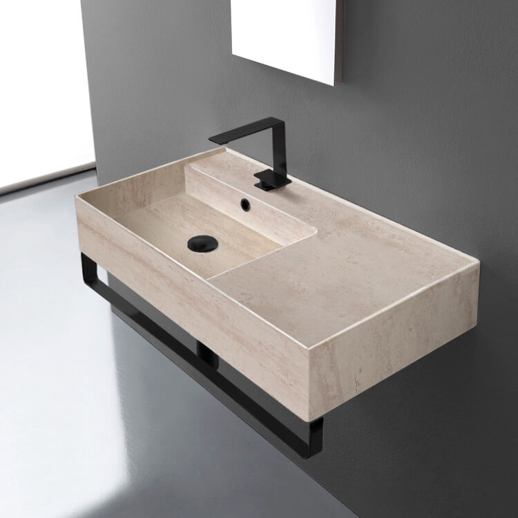 Scarabeo 5115-E-TB-BLK Beige Travertine Design Ceramic Wall Mounted Sink With Matte Black Towel Bar